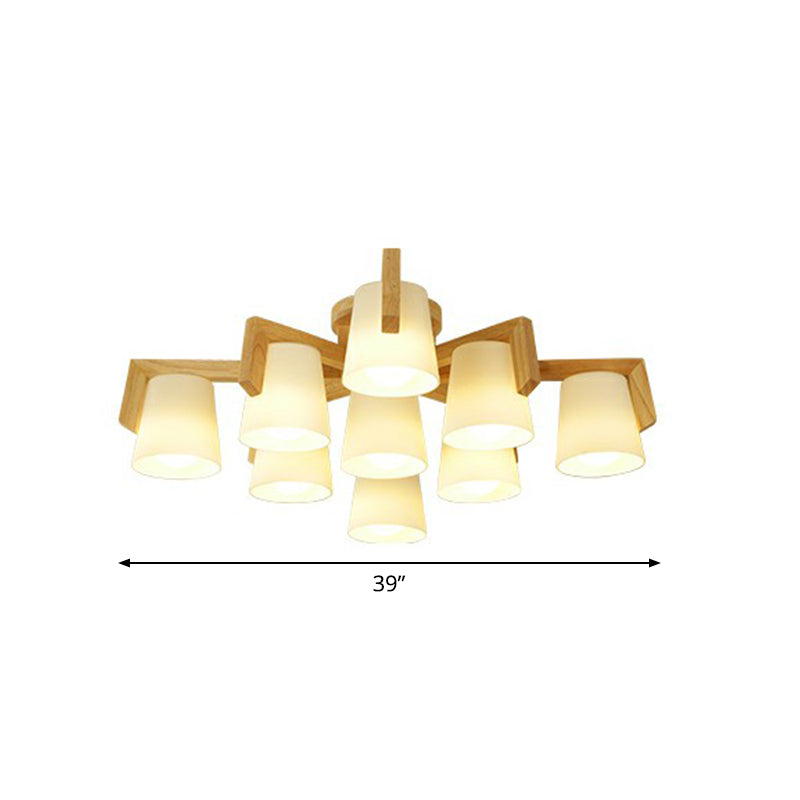 Conic Living Room Semi Flush Ceiling Light Frosted Glass Modern Flush Mount Light in Wood