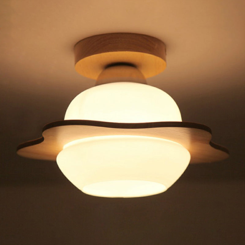 Blumenkorridor halb Flush Mount Leuchte Creme Glas 1-Licht nordische Deckenbehandlung in Holz