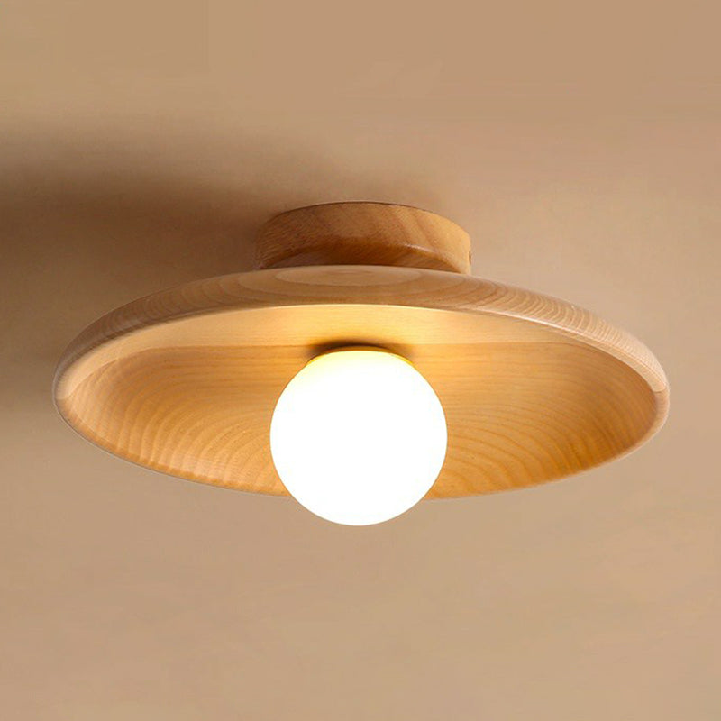 Shallow Bowl Shaped Ceiling Lamp Minimalist Wooden 1 Head Aisle Semi Flush Mount Light