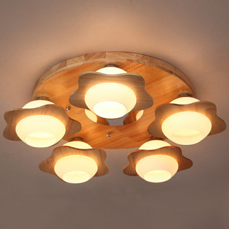 5 lichten slaapkamer spoelplafondlicht modern hout spoeling met bloem ivoor glazen schaduw