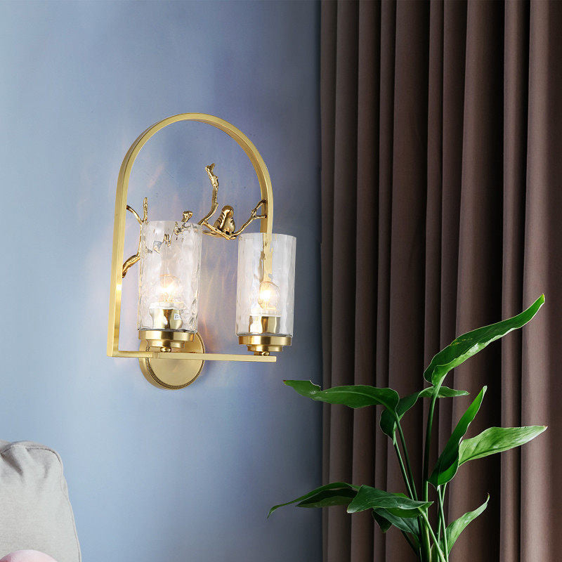 Cylindrical Sconce Light Traditionary Metal 1/2 Heads Gold Wall Lamp Fixture with Bird Deco