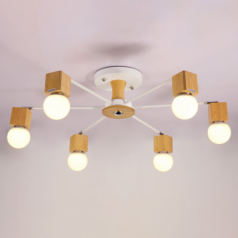 Wooden Cube Semi Mount Lighting Nordic White and Beige Ceiling Flush Light with Open Bulb Design