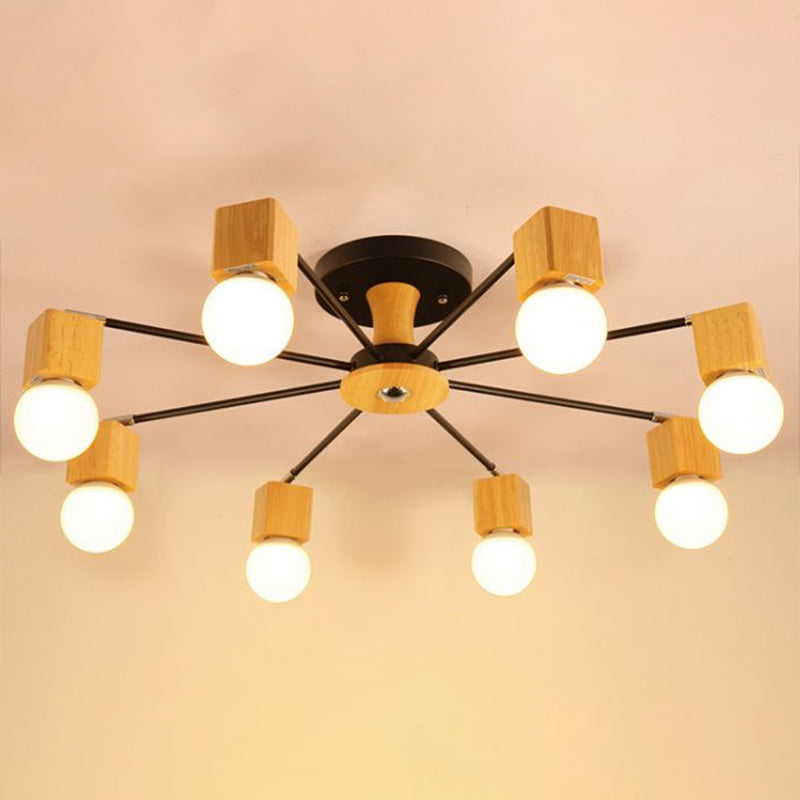Wooden Cube Semi Mount Lighting Nordic White and Beige Ceiling Flush Light with Open Bulb Design