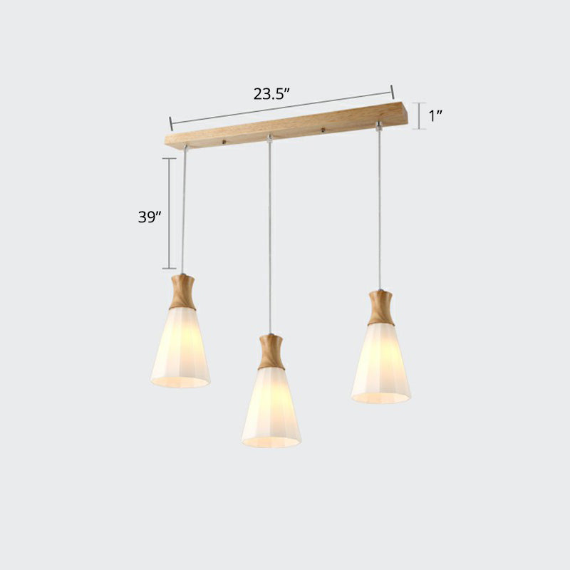 Light conico a più lampada leggera Nordic Opal glassata in vetro a 3 bulbina Ciondolo in legno