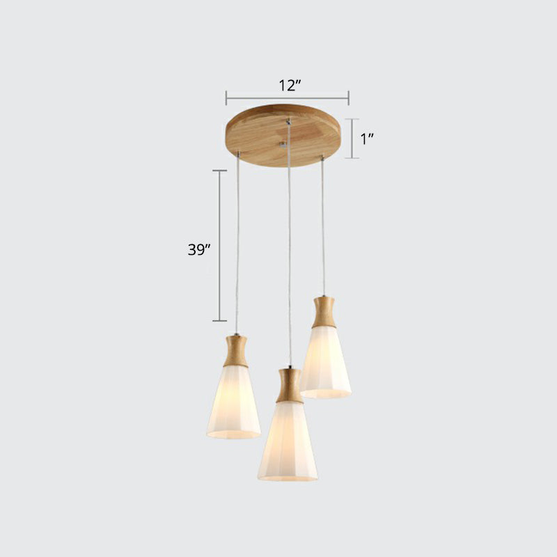 Light conico a più lampada leggera Nordic Opal glassata in vetro a 3 bulbina Ciondolo in legno