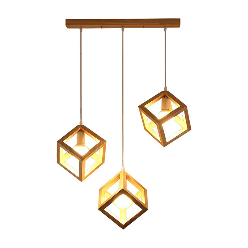 Wood Cube Cluster Pendant Light Contemporary 3-Head Suspension Light for Dining Room