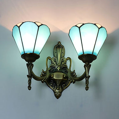Stained Glass Cone Wall Sconce Light 2 Lights Vintage Loft Wall Mount Light in White/Blue for Bedroom