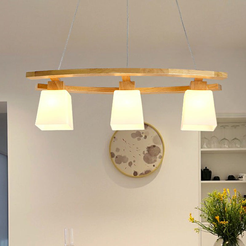 3 Lights Dining Room Ceiling Light Nordic Wood Island Pendant with Trapezoid White Glass Shade