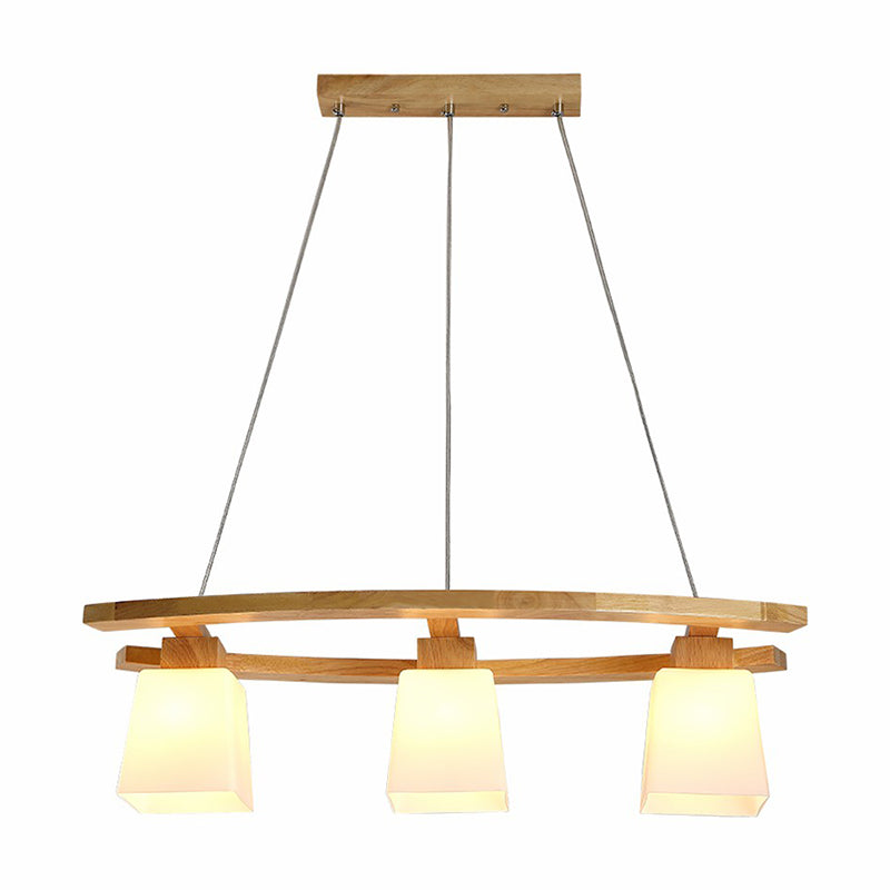 3 Lights Dining Room Ceiling Light Nordic Wood Island Pendant with Trapezoid White Glass Shade