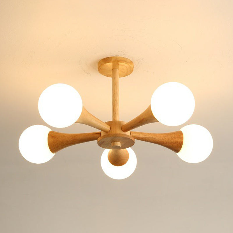 Burst -Ball Kronleuchter nordisches Milchglas Schlafzimmer Suspension Licht mit Holzarm