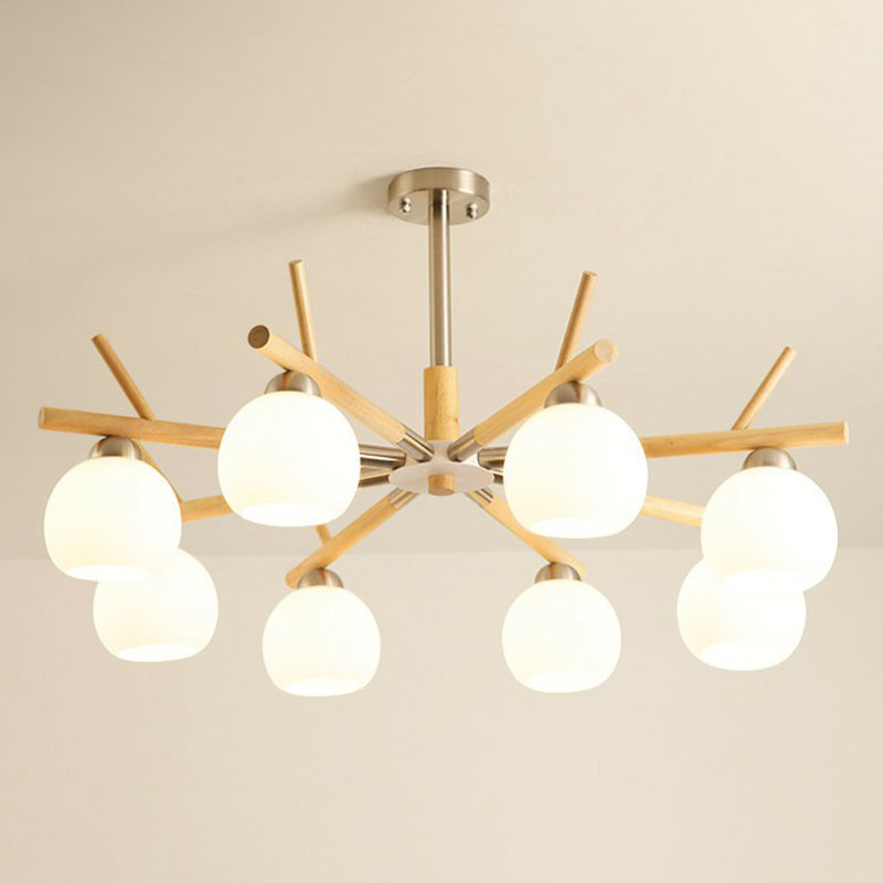 Dome Ceiling Chandelier Minimalist White Glass Living Room Hanging Light with Wood Twig Deco