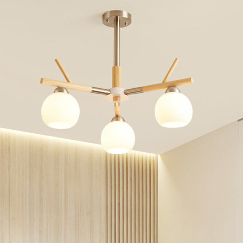 Dome Ceiling Chandelier Minimalist White Glass Living Room Hanging Light with Wood Twig Deco