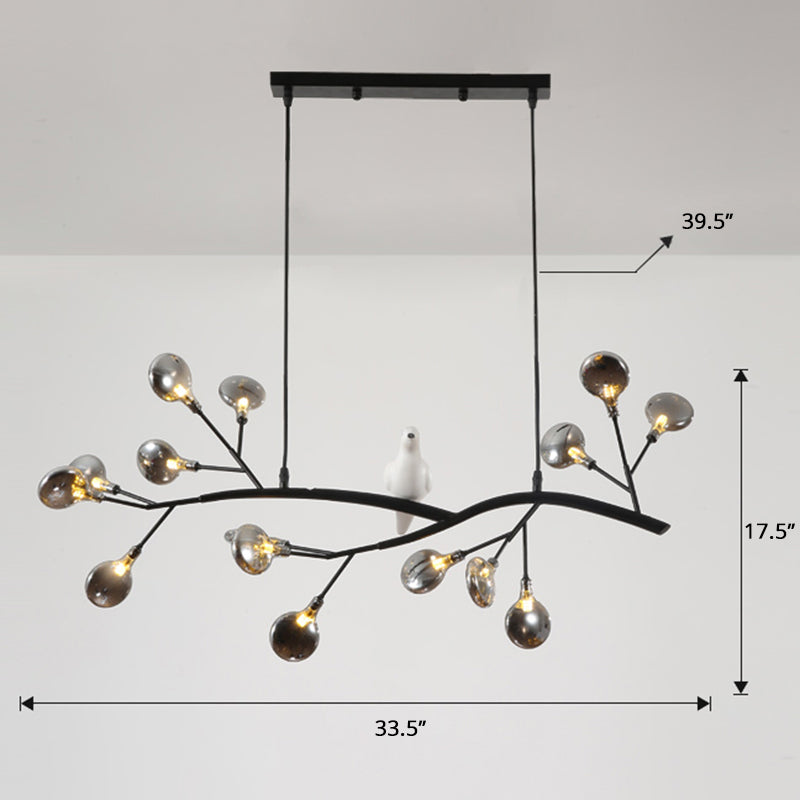 Tree Branch Island Light Postmodern Metal 15-Head Restaurant Hanging Lamp with Bird Decoration