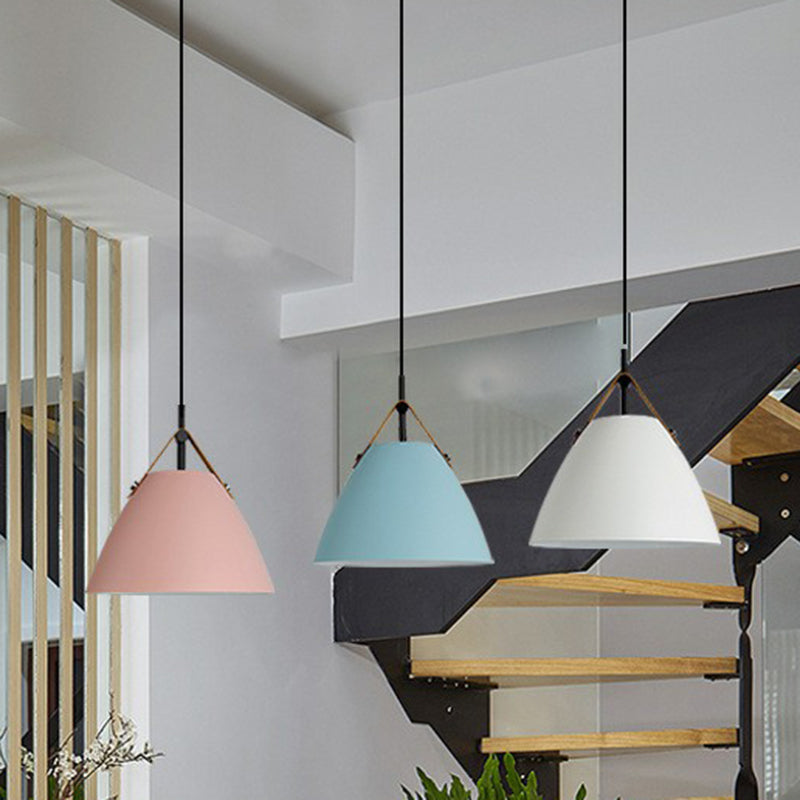 Macaron Conical Pendant lampe métallique 1 plafond de salle de tête avec diffuseur acrylique et bracelet en cuir