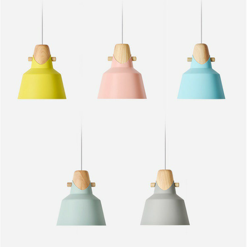 Restaurant effilé Plafond Light Metal Metal 1 Bulbe Macaron Pendant Lumière avec décor en bois