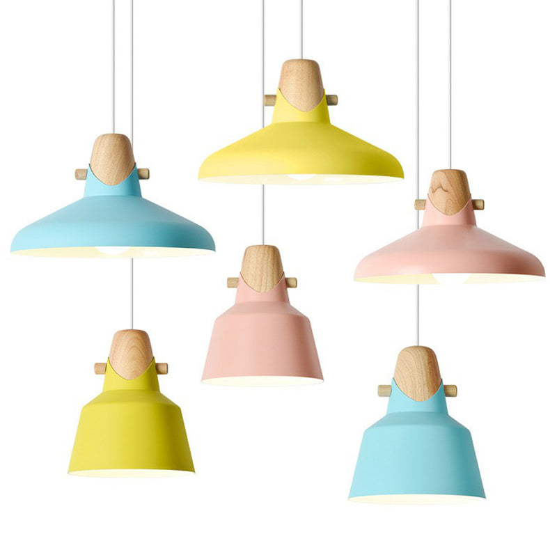 Restaurant effilé Plafond Light Metal Metal 1 Bulbe Macaron Pendant Lumière avec décor en bois