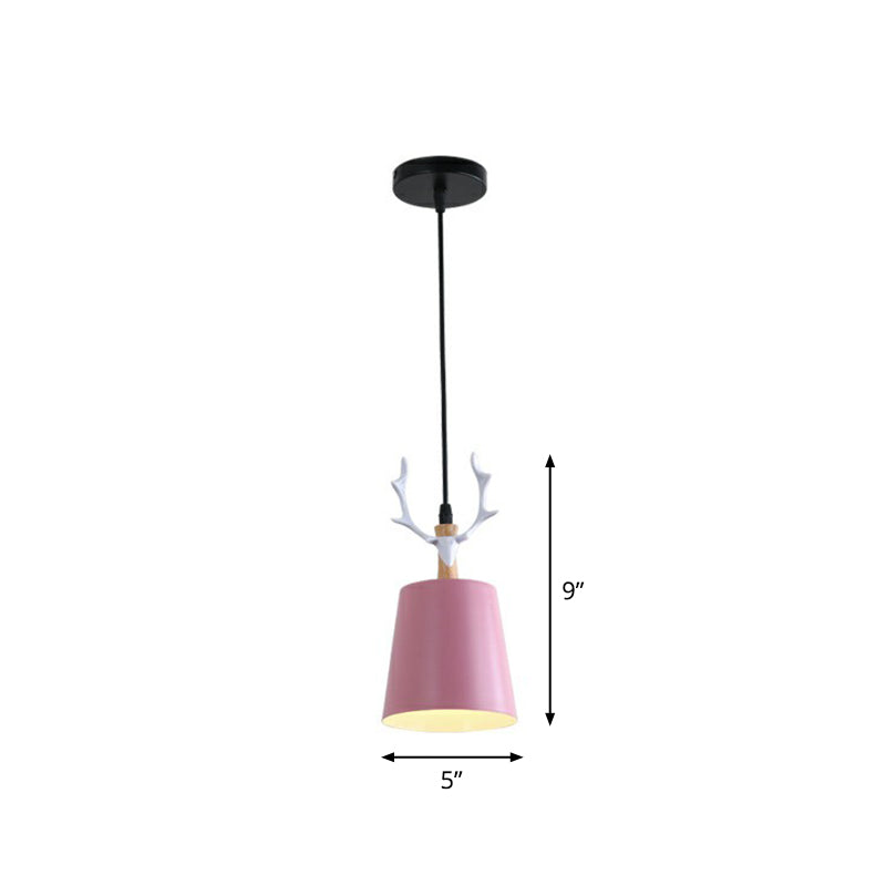 Macaron Taper Hanging Ceiling Light Metal Single Dining Room Drop Pendant with Antler Decor
