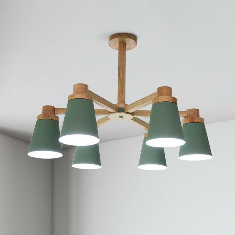 Conical Suspension Light Fixture Nordic Iron Chandelier Lighting with Wooden Arm for Living Room