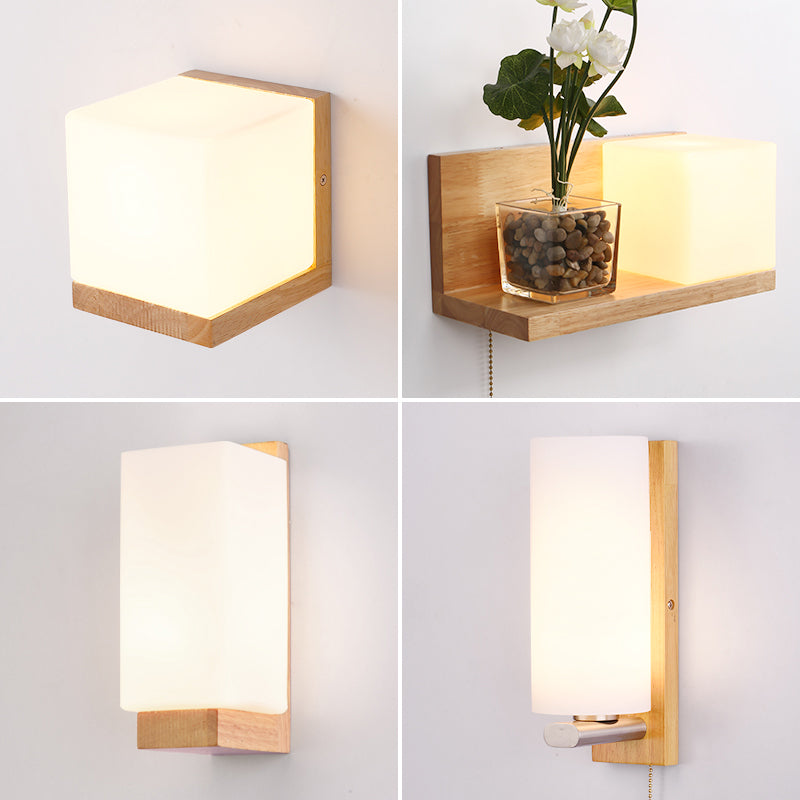 Geometrische trap Wandverlichting Crème Glas enkele minimalistische vlakke wand sconce in hout