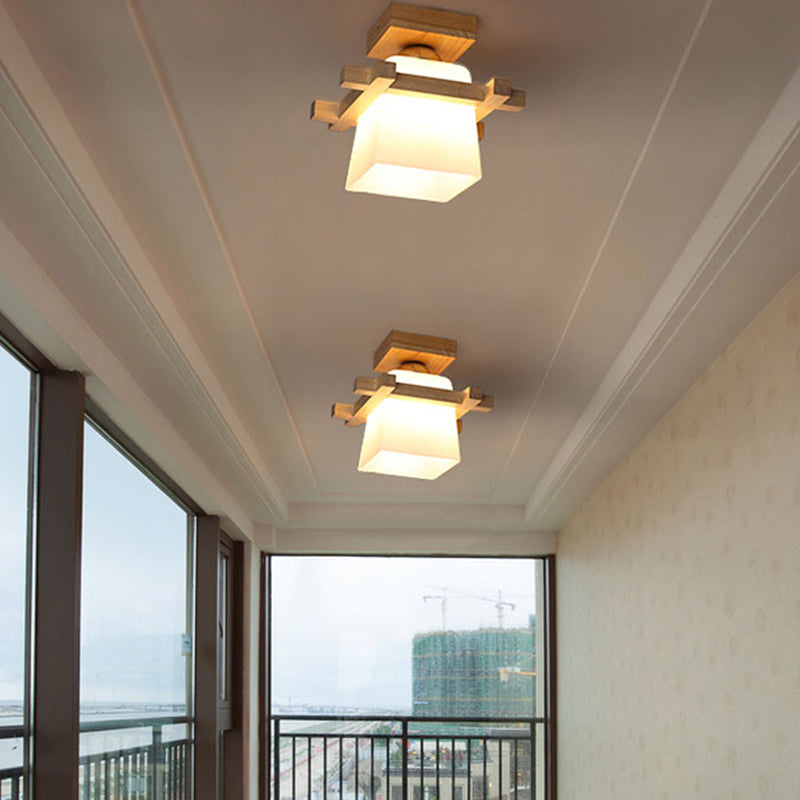 1-Light Balcony Flushmount Ceiling Lamp Simple Wood Semi Flush Light with Trapezoid Hand-Blown Milk Glass Shade
