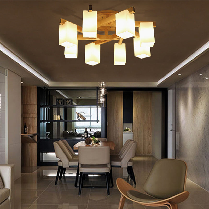 Rectangle White Glass Semi Flush Chandelier Modern Wood Close to Ceiling Light for Living Room
