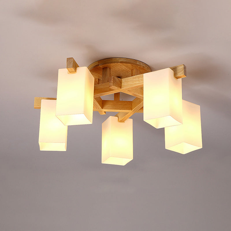 Rectangle White Glass Semi Flush Chandelier Modern Wood Close to Ceiling Light for Living Room