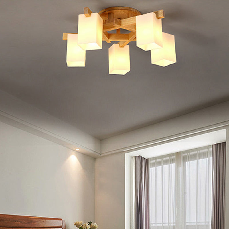 Rectangle White Glass Semi Flush Chandelier Modern Wood Close to Ceiling Light for Living Room