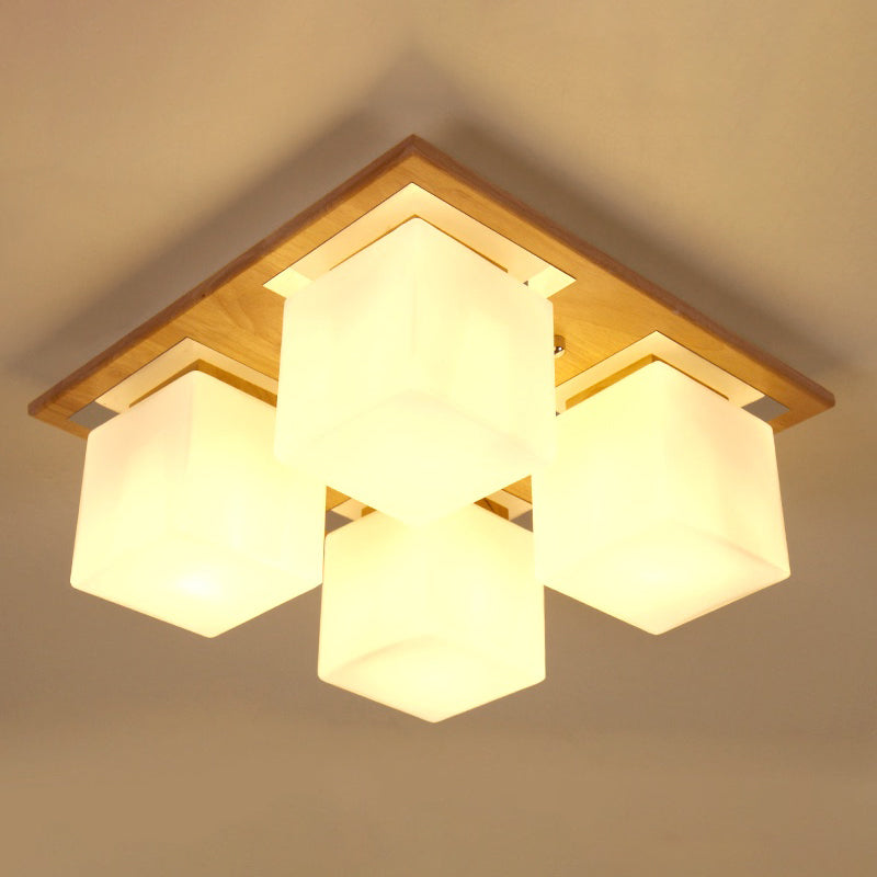 Cube Shape Semi Flush Ceiling Light Nordic Opal Glass 4-Light Bedroom Flush Mount Lamp in Wood