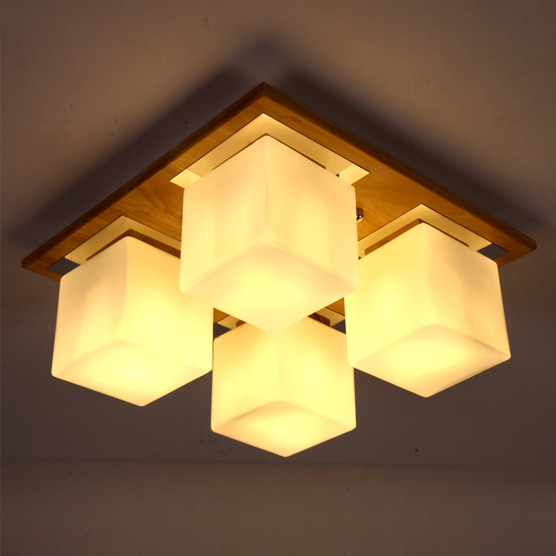 Cube Shape Semi Flush Ceiling Light Nordic Opal Glass 4-Light Bedroom Flush Mount Lamp in Wood