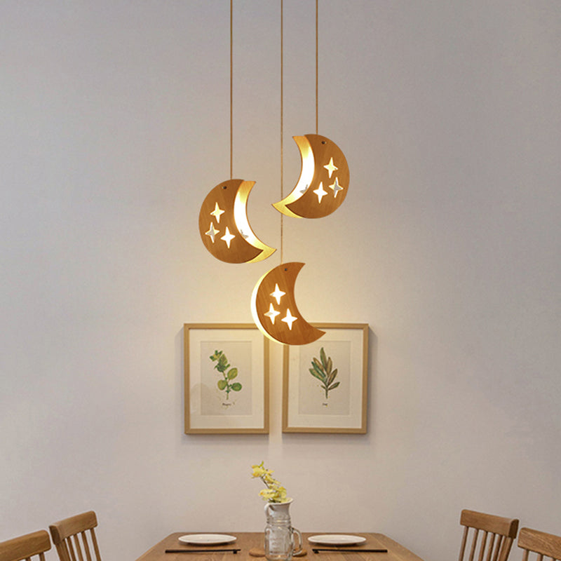 Hollowed-out Wooden Multi Pendant Light Minimalist 3-Bulb Beige Hanging Light for Dining Room