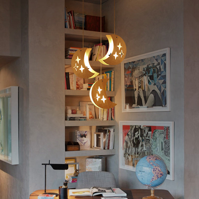 Hollowed-out Wooden Multi Pendant Light Minimalist 3-Bulb Beige Hanging Light for Dining Room