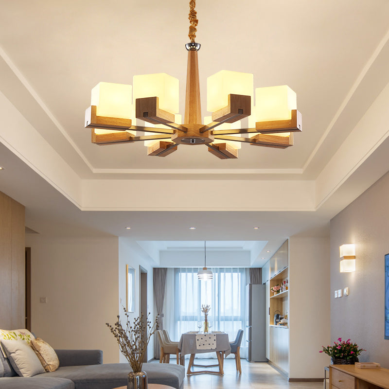 Frosted White Glass Cube Chandelier Modern Wood Ceiling Suspension Lamp for Living Room