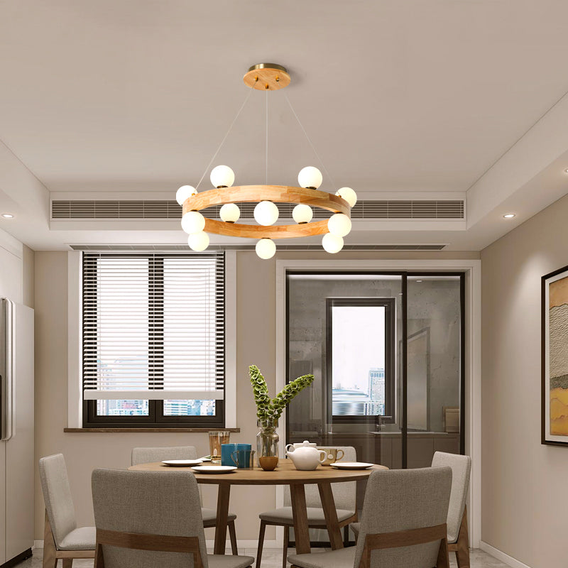 Wooden Circular Chandelier Minimalistic LED Pendant Light with Orb Opal Glass Shade