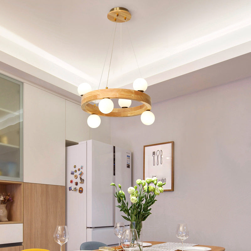 Wooden Circular Chandelier Minimalistic LED Pendant Light with Orb Opal Glass Shade