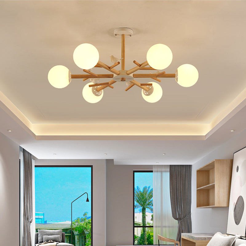 Kugel Kronleuchter Beleuchtung Nordic Creme Glass Wohnzimmer Hanges Licht in Holz mit Vogeldekoration
