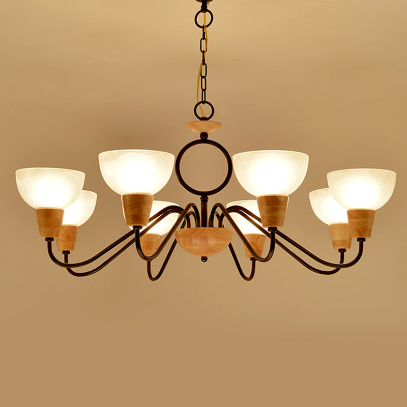 Opal Frosted Glass Bowl Up Chandelier Nordic Wood and Black Ceiling Light for Bedroom