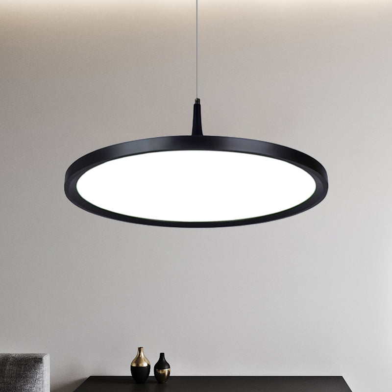 Led Office Pendant Lamp with Plate Metal Shade Simplicity White/Black Ceiling Light Fixture in White/Warm Light, 12"/16"/19.5" Wide