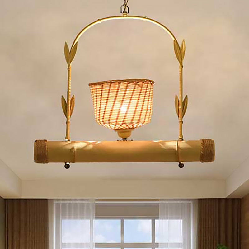 Rattan mand schaduw kroonluchter licht landelijke stijl 1/2-licht beige plafondlamp met vogelkooiontwerp