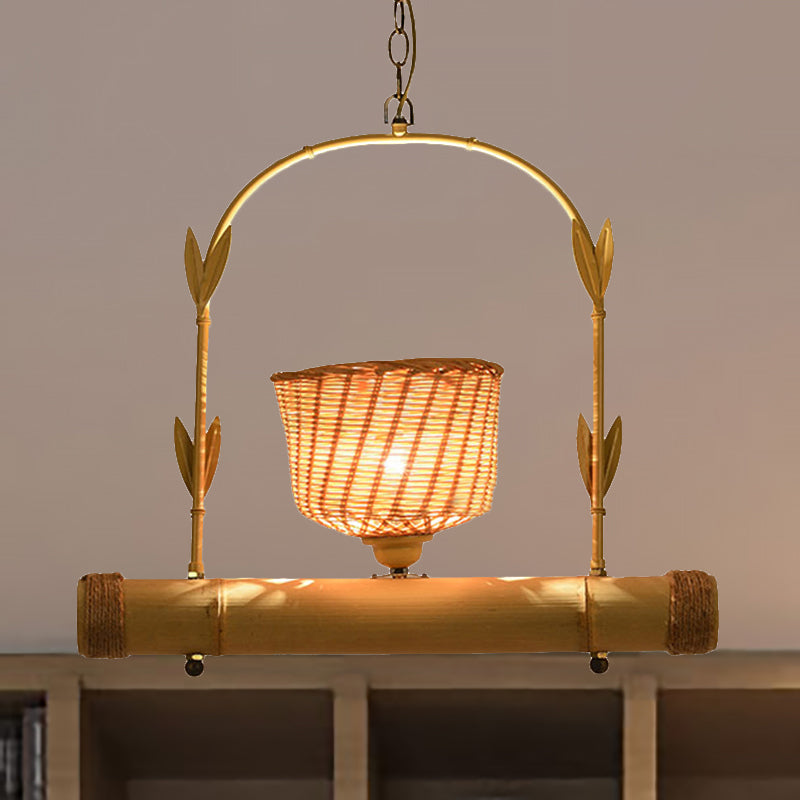 Rattan Basket Schatten Kronleuchter leichter Land Style 1/2-Licht Beige Deckenlampe mit Vogelkäfigdesign