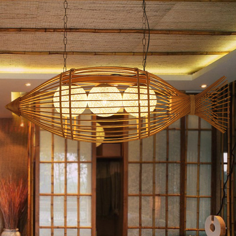 Bamboo Fish Shaped Chandelier Lighting Asian Style 39"/57" W 3 Bulbs Beige Hanging Light with Inner Rattan Ball Shade