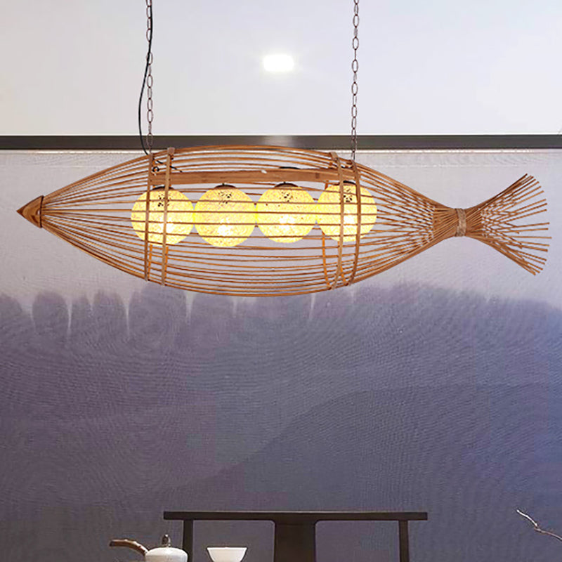 Bamboo Fish Shaped Chandelier Lighting Asian Style 39"/57" W 3 Bulbs Beige Hanging Light with Inner Rattan Ball Shade