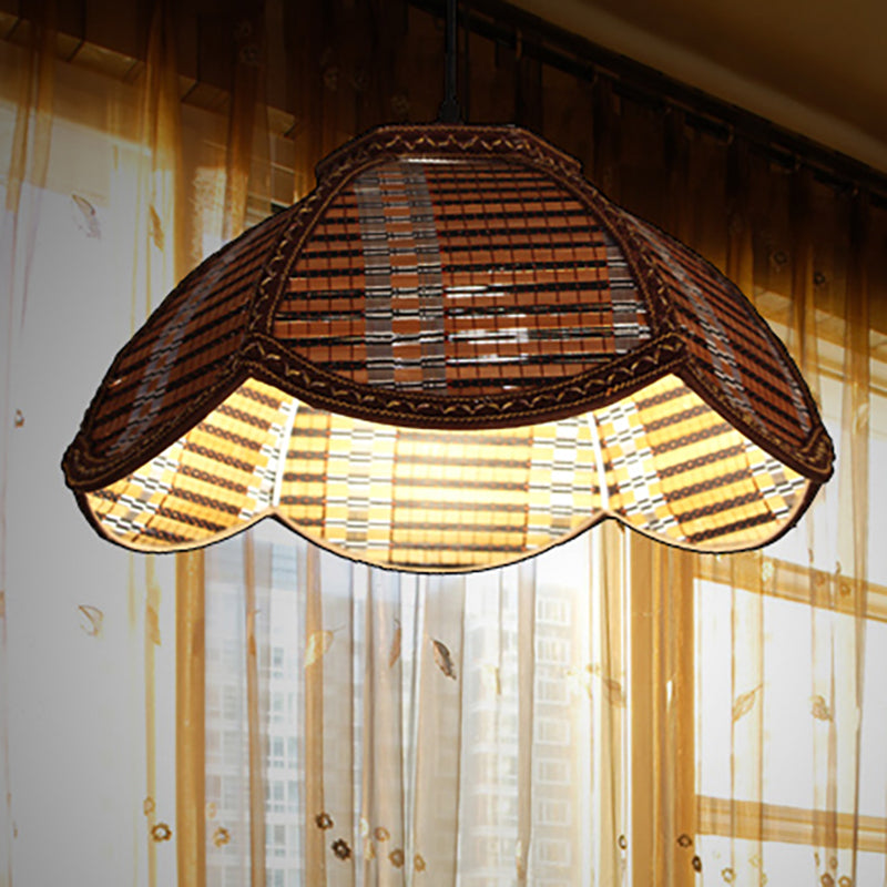 Flower Shaped Hanging Light Fixture Chinese Bamboo 1 Light Brown/Beige Pendant Lamp for Bedroom Balcony