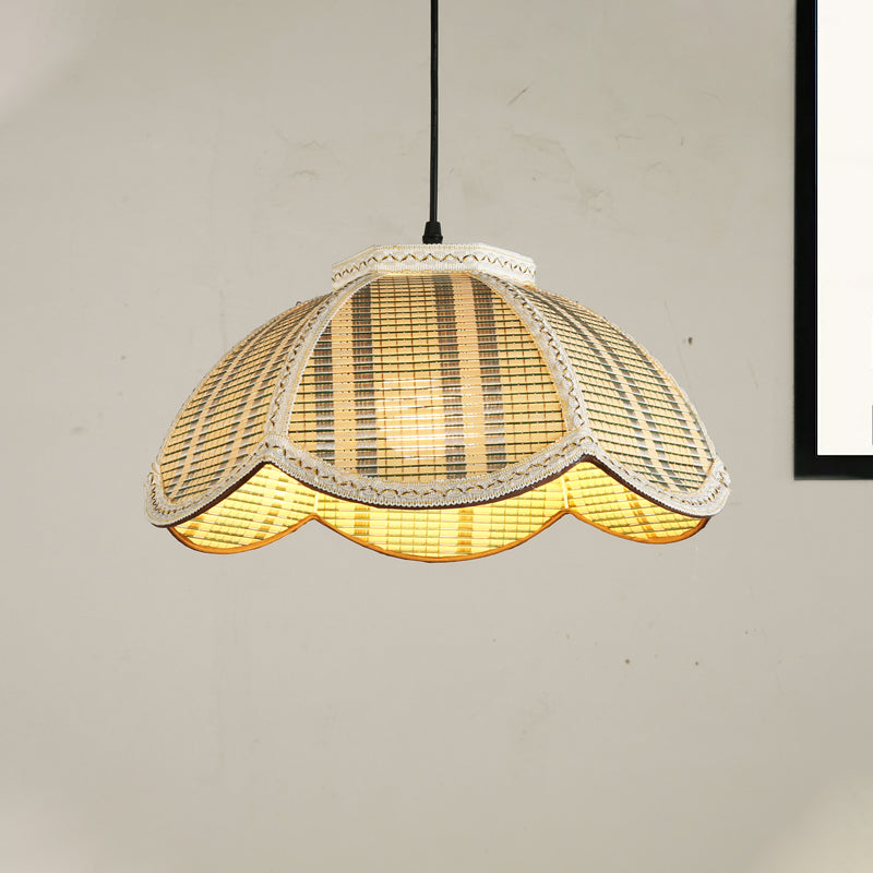 Flower Shaped Hanging Light Fixture Chinese Bamboo 1 Light Brown/Beige Pendant Lamp for Bedroom Balcony