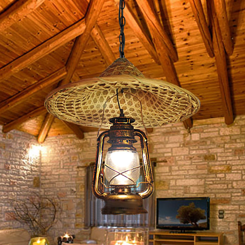 Metall Lantern Schatten Hängender Licht Country Style 12 "/23,5" W 1 Glühbirne Beige Anhänger Beleuchtung mit Rattan Hat Design