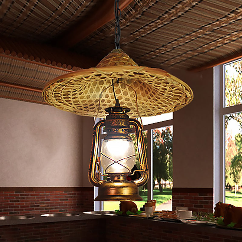 Metall Lantern Schatten Hängender Licht Country Style 12 "/23,5" W 1 Glühbirne Beige Anhänger Beleuchtung mit Rattan Hat Design