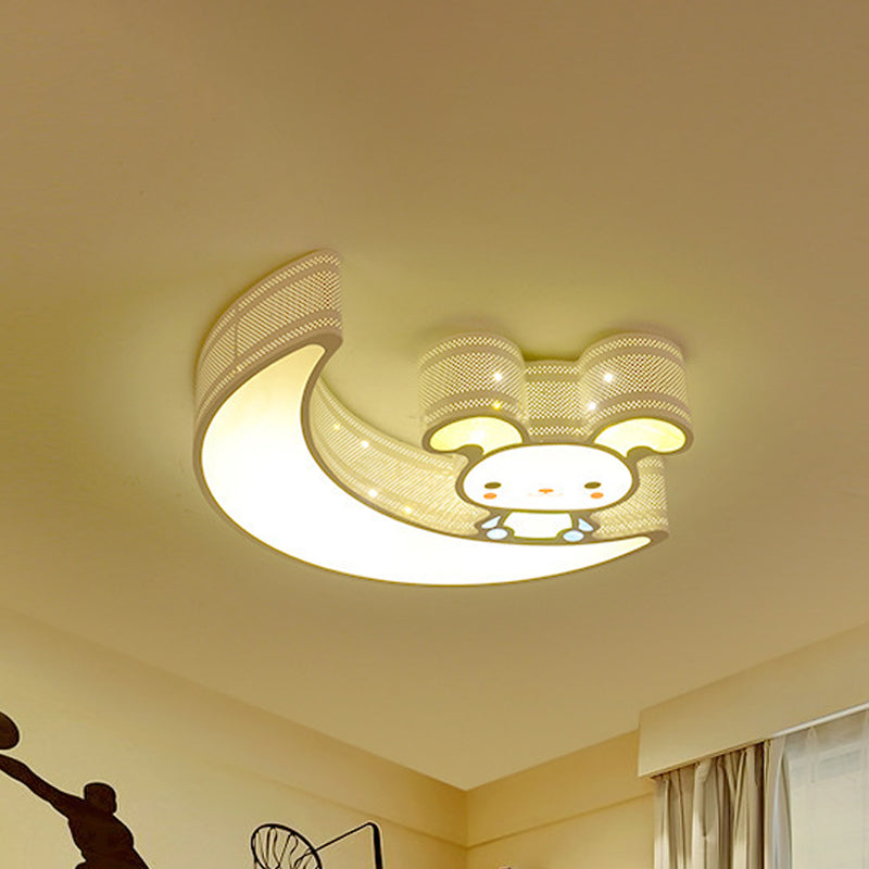 Acrylic Moon and Bunny Flush Mount Light Cartoon Lovely LED Ceiling Lamp for Gamer Room