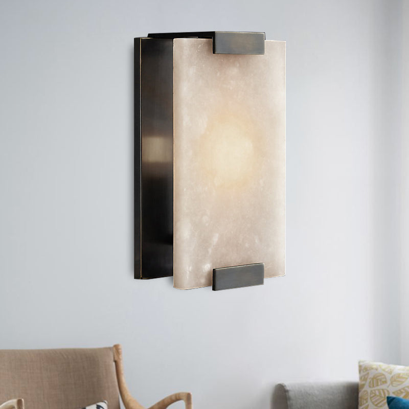 10.5"/18.5" Wide Rectangular Sconce Light Traditionary Metal 1 Head Black/Brass Wall Lamp Fixture with White Marble