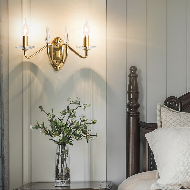 Candle Sconce Lamp Traditionary Metal 2 Heads Wall Lighting Fixture in Gold with Curved Arm