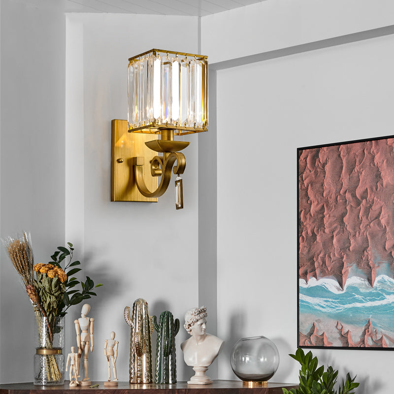 Traditional Armed Sconce Metal 1 Bulb Wall Mounted Light Fixture in Gold with Square Ribbed Glass Shade