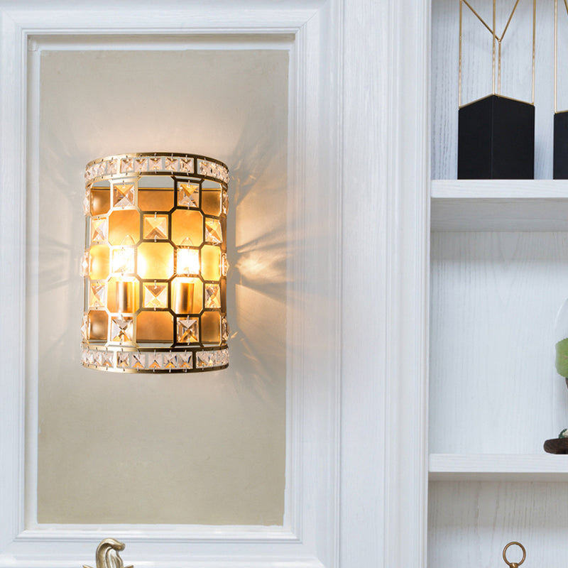 Cylindrical Crystal Wall Light Vintage 2 Heads Gold Flush Mount Wall Sconce for Bedside